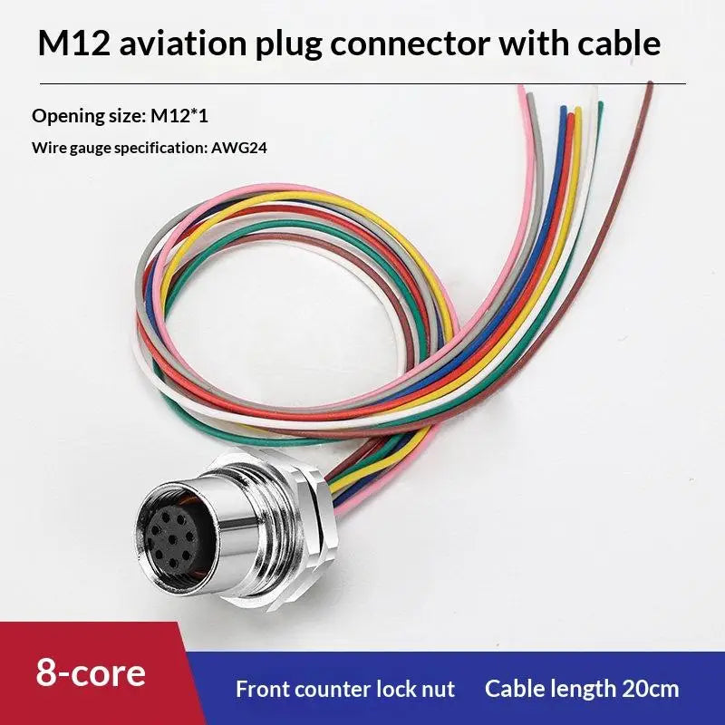 M12 IP67 Waterproof Connector 4/5/8 Pin Panel Socket 22AWG Wire Industrial Connector Richie's Front 8P F 20cm