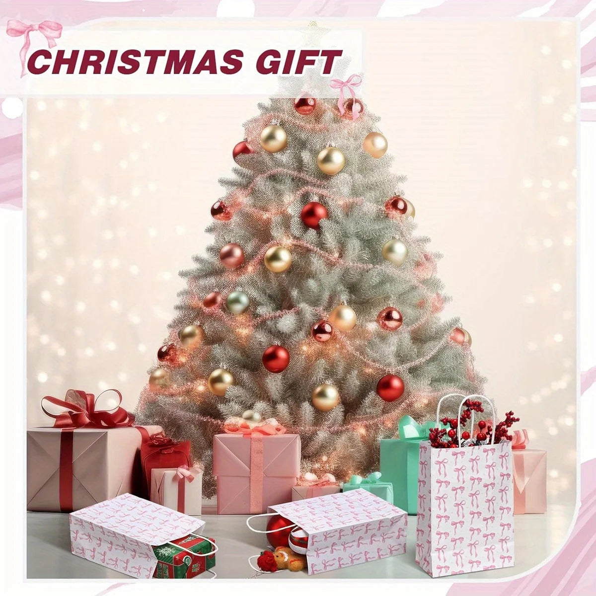 Pink Bow Paper Gift Bags with Handles | Party Favor Bags 6/10pk Paper Gift Bags Richie's