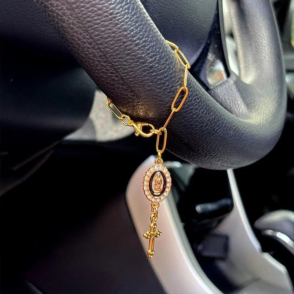 Cross & Virgin of Guadalupe Car Rosary Steering Wheel Chain Car Rosary Ornament Richie's