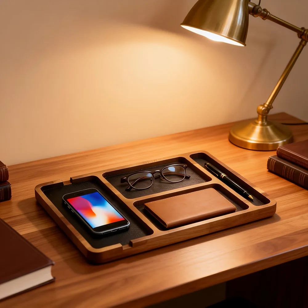 Wooden Tray with Leather Lining & Partitions | Desk Organizer Wooden Organizer Tray Richie's