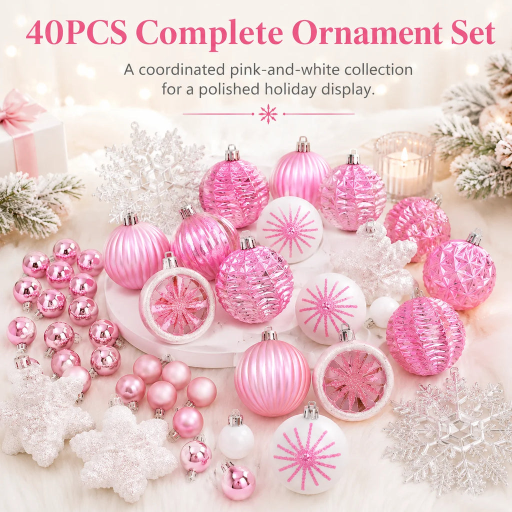 40-Pack Pink White Shatterproof Christmas Baubles & Snowflake Christmas Ornaments Richie's