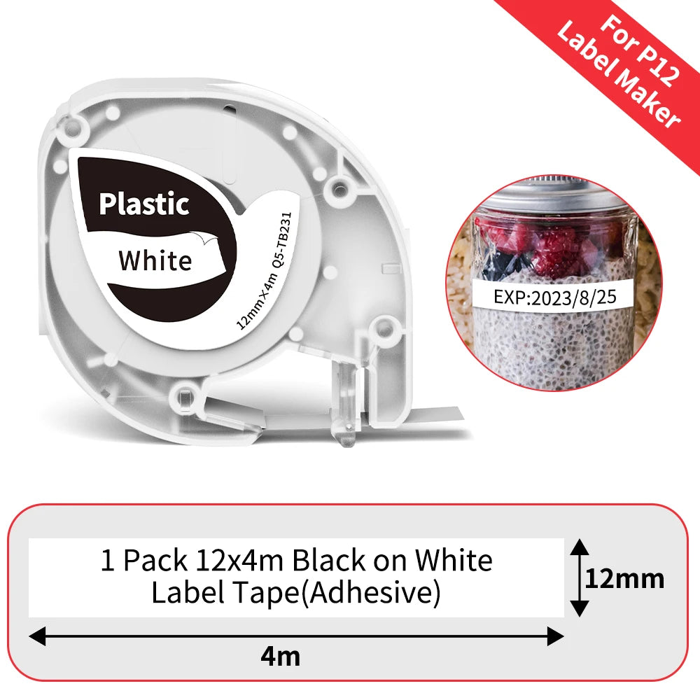 12mm Label Tape for Phomemo P12 & Dymo LetraTag – 4m