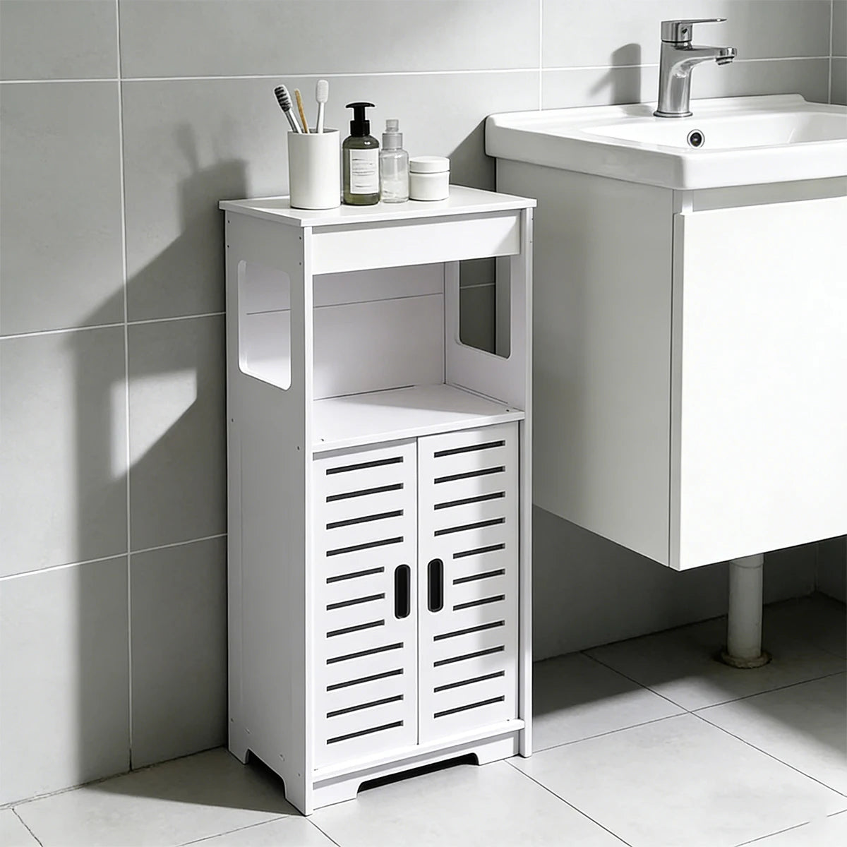 White Freestanding Bathroom Cabinet – Shutter Doors & Open Shelf Bathroom Storage Cabinet Richie's
