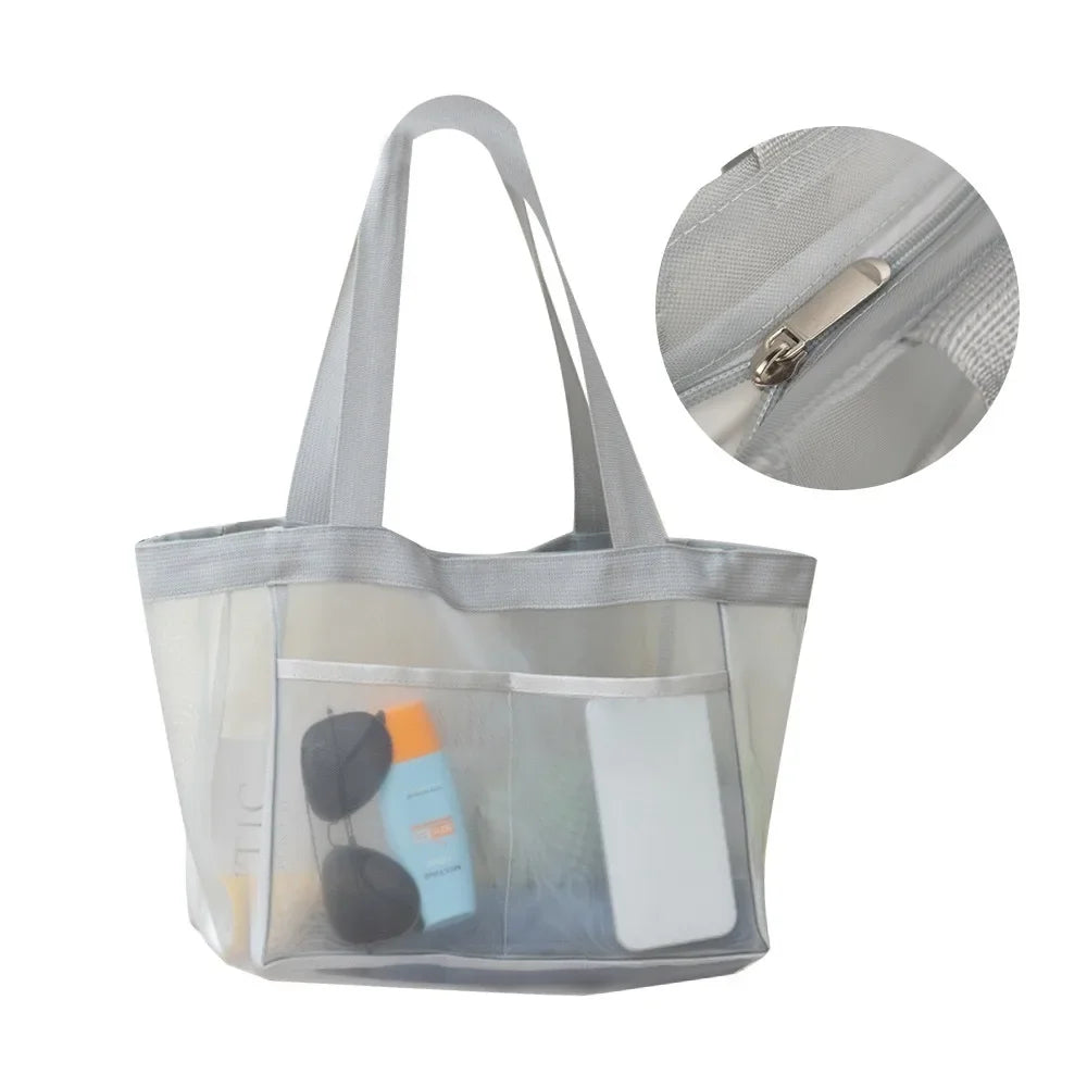 Large Mesh Shoulder Bag – Travel, Beach & Makeup Tote Mesh Shoulder Tote Richie's Zipper-Grey