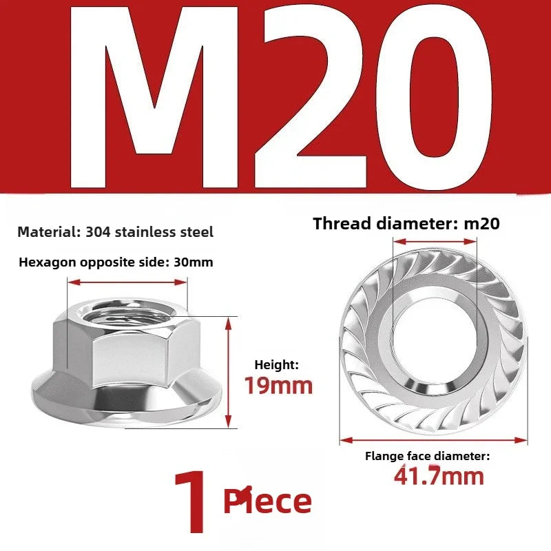 304 SS Hex Flange Nuts M3–M8 Anti-Loosening Serrated Hex Flange Nuts Richie's 304 M20 1pc