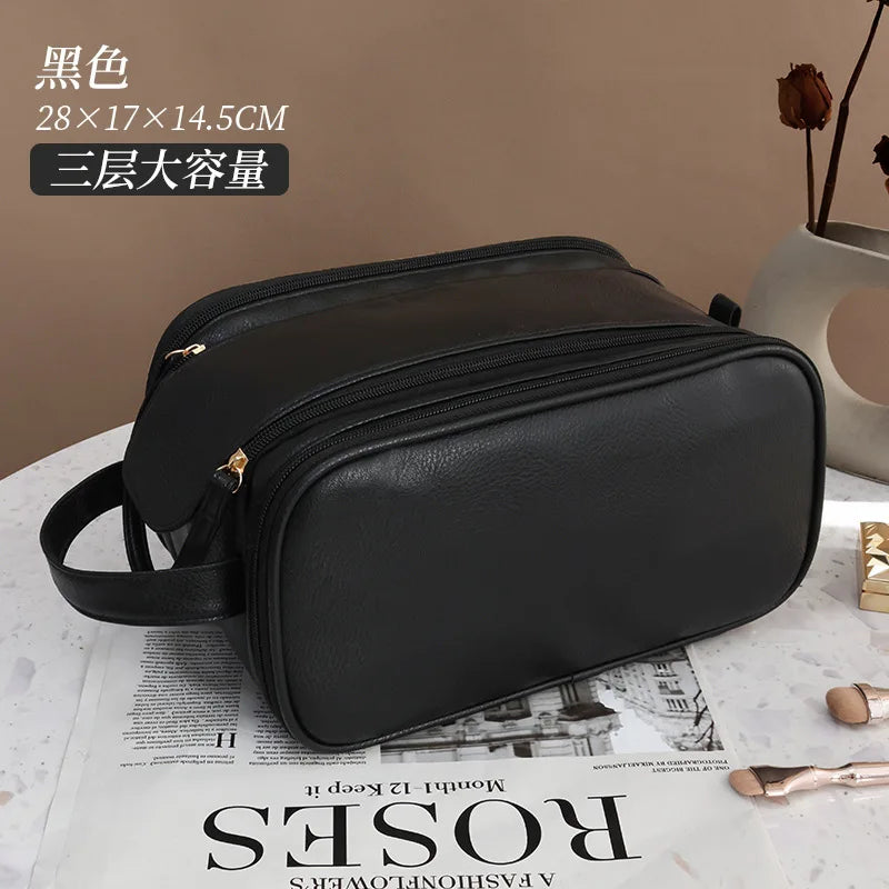 PU Leather Makeup Bag Large Capacity Double Zipper Travel Organizer Makeup Travel Bag Richie's black