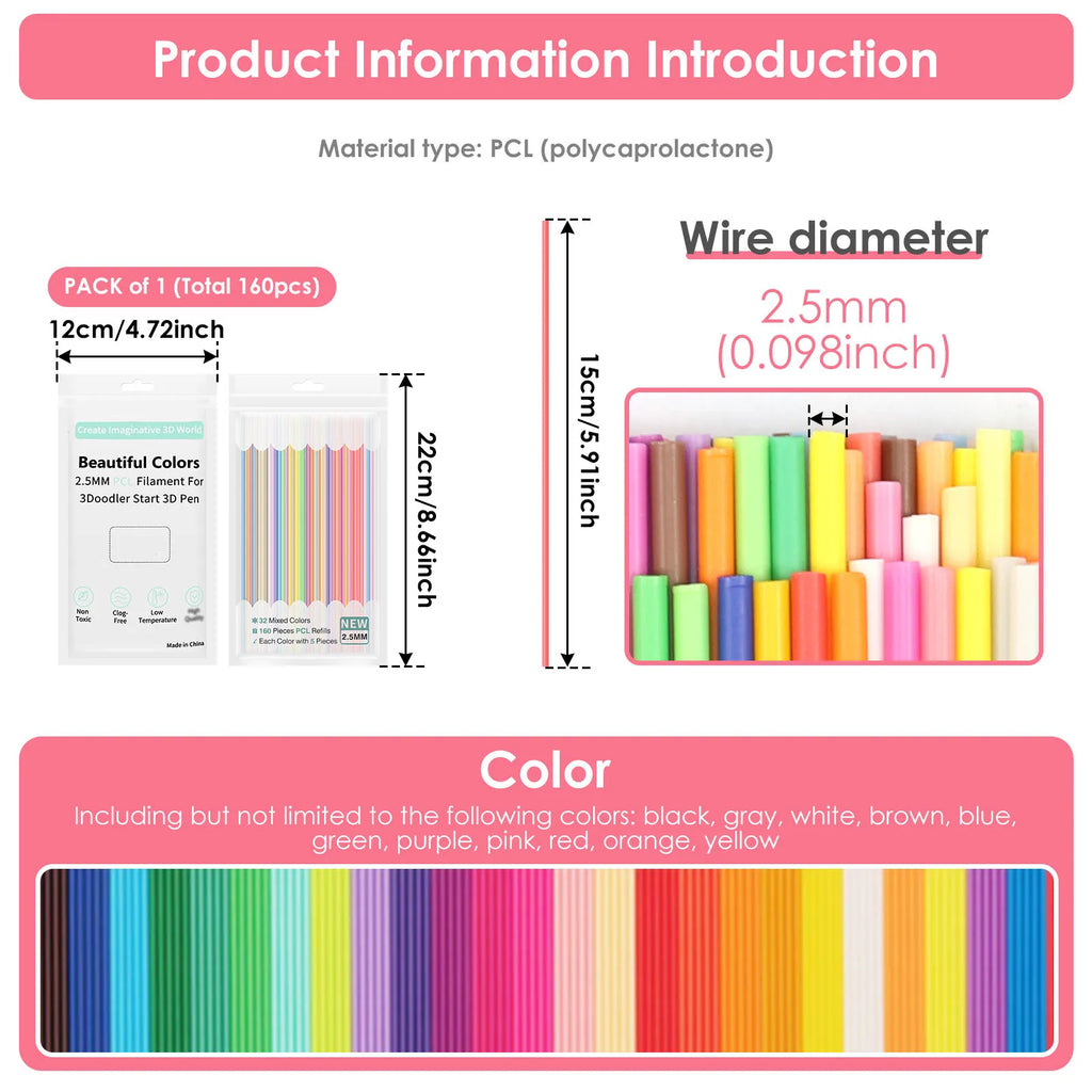3D Pen PCL Filament Refills – 25/30/32 Colors, 2.5mm 3D Pen Filament Richie's
