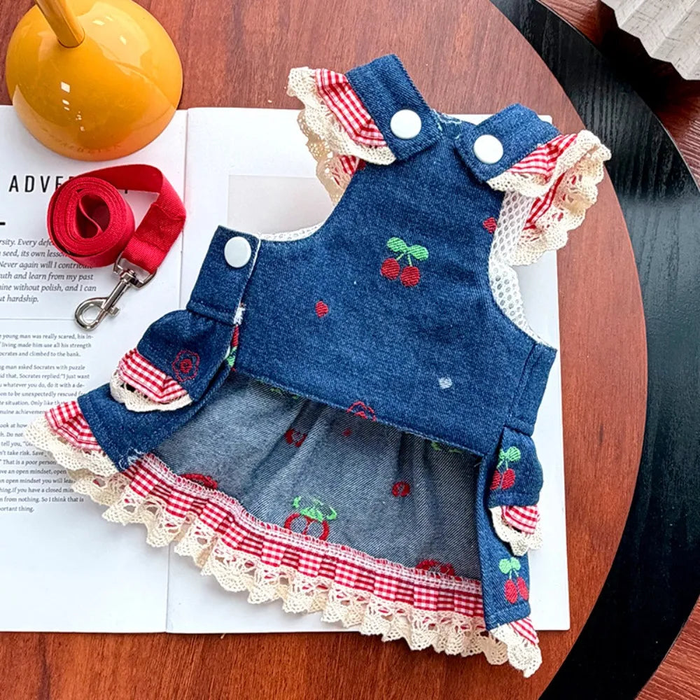 Denim Dog Dress Harness Set with Leash – Cherry Pattern Skirt Dog Dress Harness Richie's