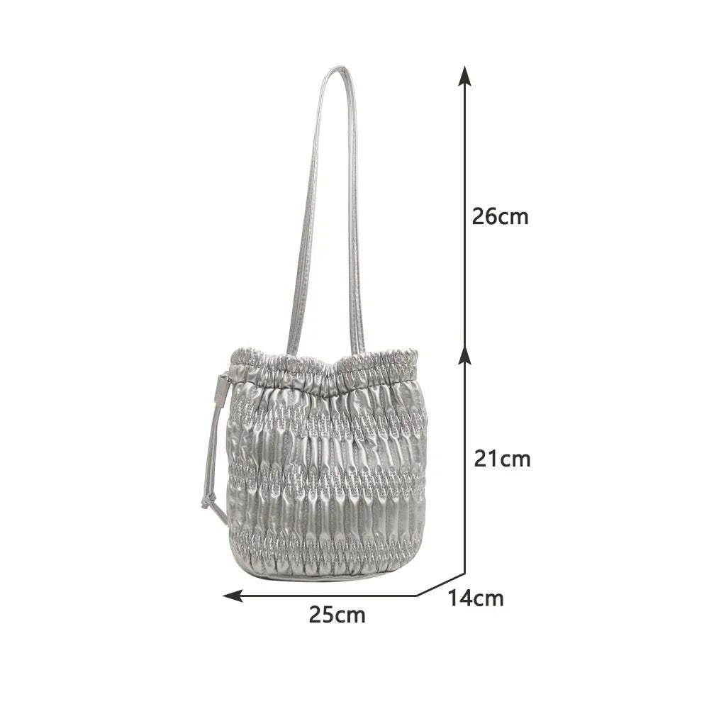 Silver Pleated Drawstring Bucket Bag – Soft PU Leather Purse Shoulder Bucket Bag Richie's