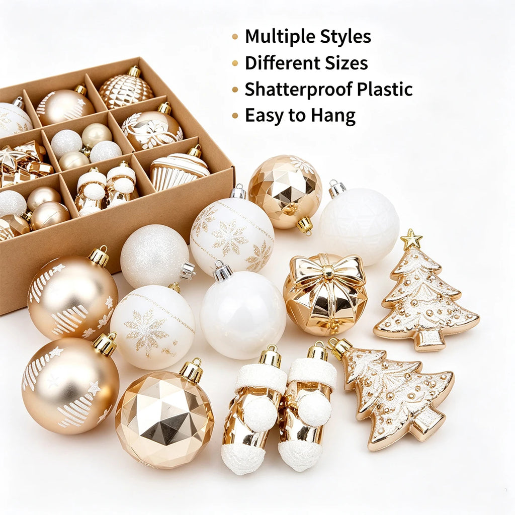 42Pcs Shatterproof Christmas Ornaments – Champagne Gold & White Christmas Ornament Set Richie's