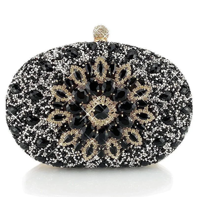Flower Rhinestone Evening Clutch Bag with Chain – Prom & Wedding Evening Clutch Bag Richie's Black 20x5x15cm