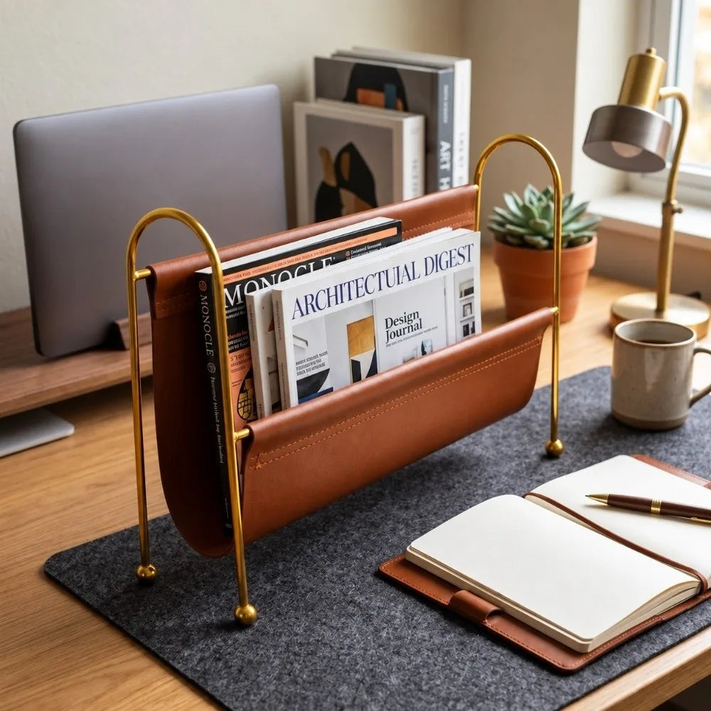 Gold Metal Frame Desktop Organizer with PU Leather | Home & Office Desktop Storage Organizer Richie's