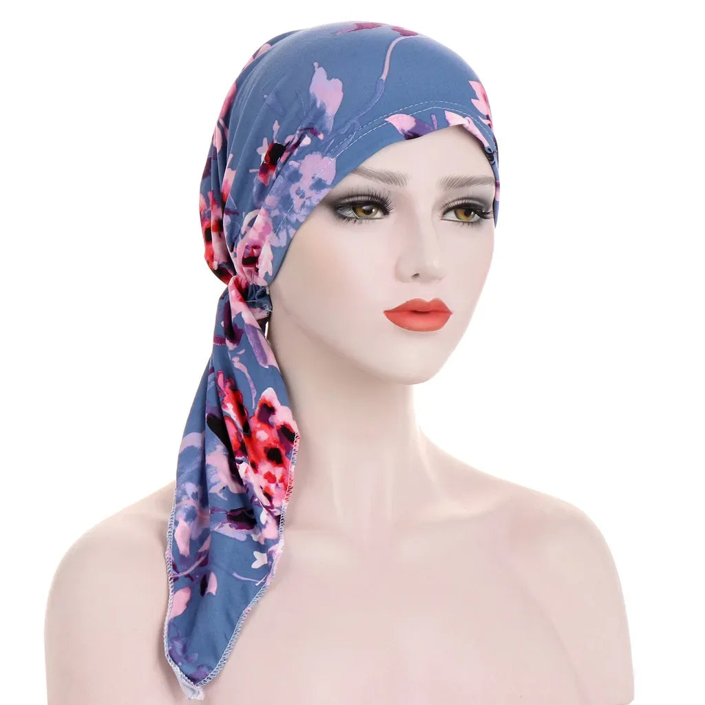 Women's Printed Pre-Tied Turban Cap Hijab Headscarf Bandana Turban Headscarf Cap Richie's Lake Blue