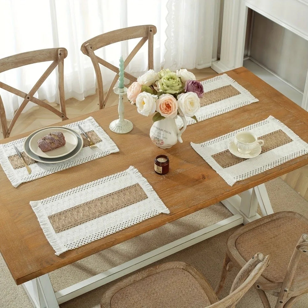 4-Pack Boho Burlap Placemats with Tassels | Heat Resistant Linen Table Placemats Richie's
