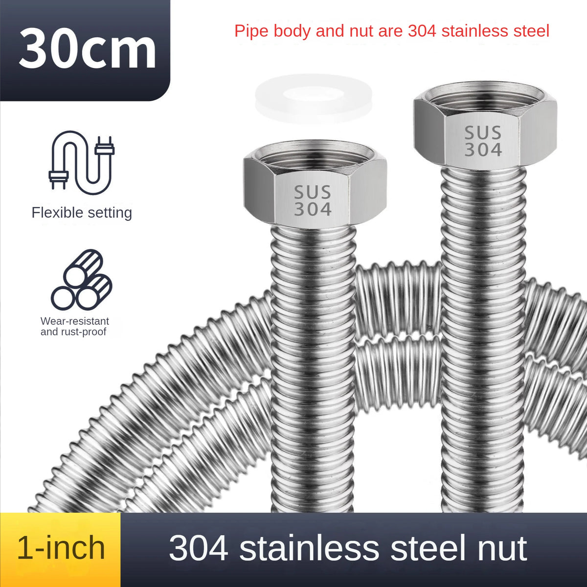 304 Stainless Steel Bellows Hose DN25 1 Inch High-Pressure Water Pipe Plumbing Bellows Hose Richie's 30cm