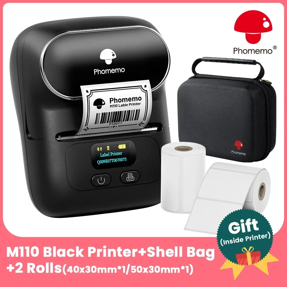 Phomemo M110 Bluetooth Thermal Label Maker | Portable Mini Printer Thermal Label Printer Richie's BK-case-2 rolls