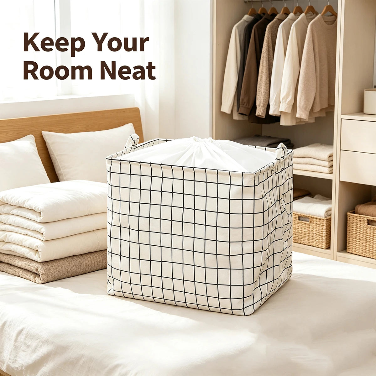 Large Foldable Fabric Storage Box with Drawstring & Handle Fabric Storage Basket Richie's