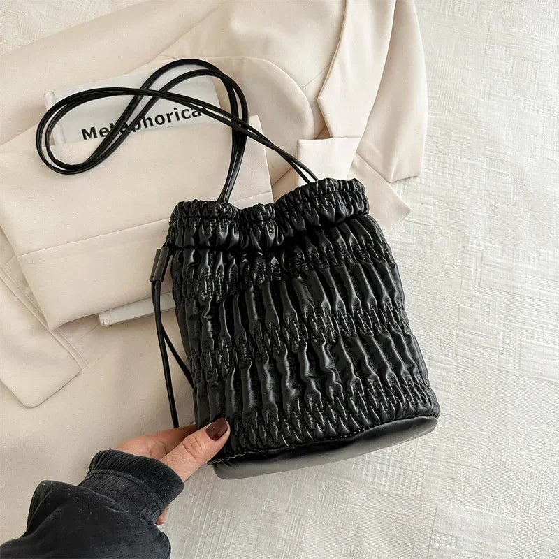 Silver Pleated Drawstring Bucket Bag – Soft PU Leather Purse Shoulder Bucket Bag Richie's Black