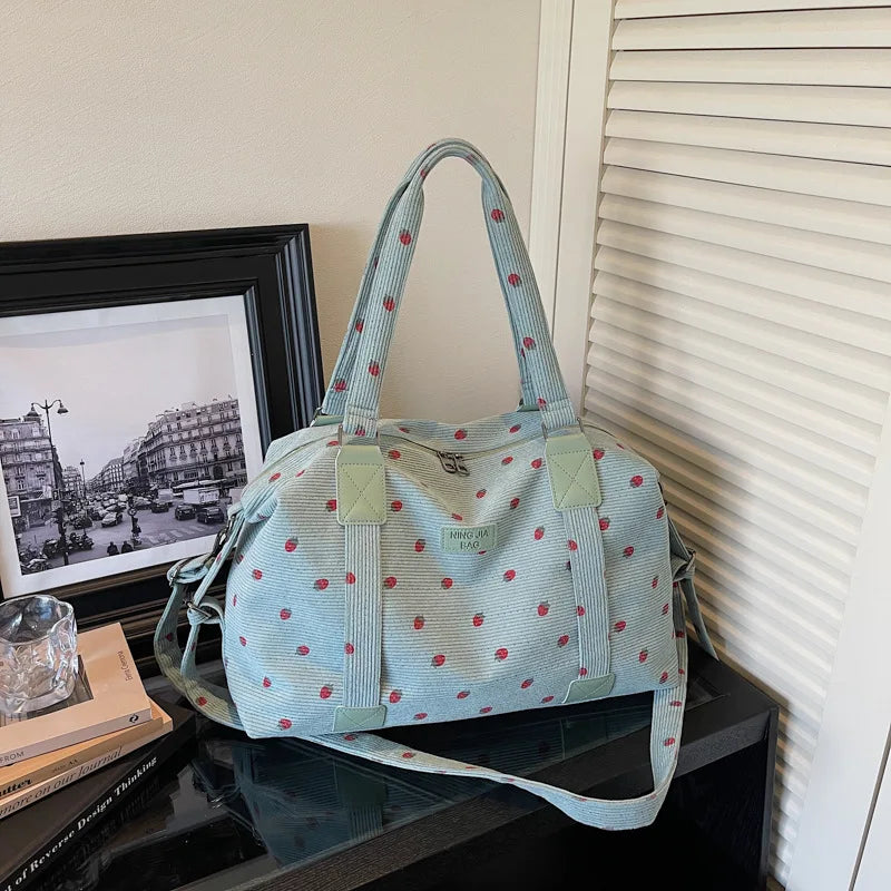 Strawberry Corduroy Travel Bag – Large Crossbody Duffel Travel Duffel Bag Richie's Green