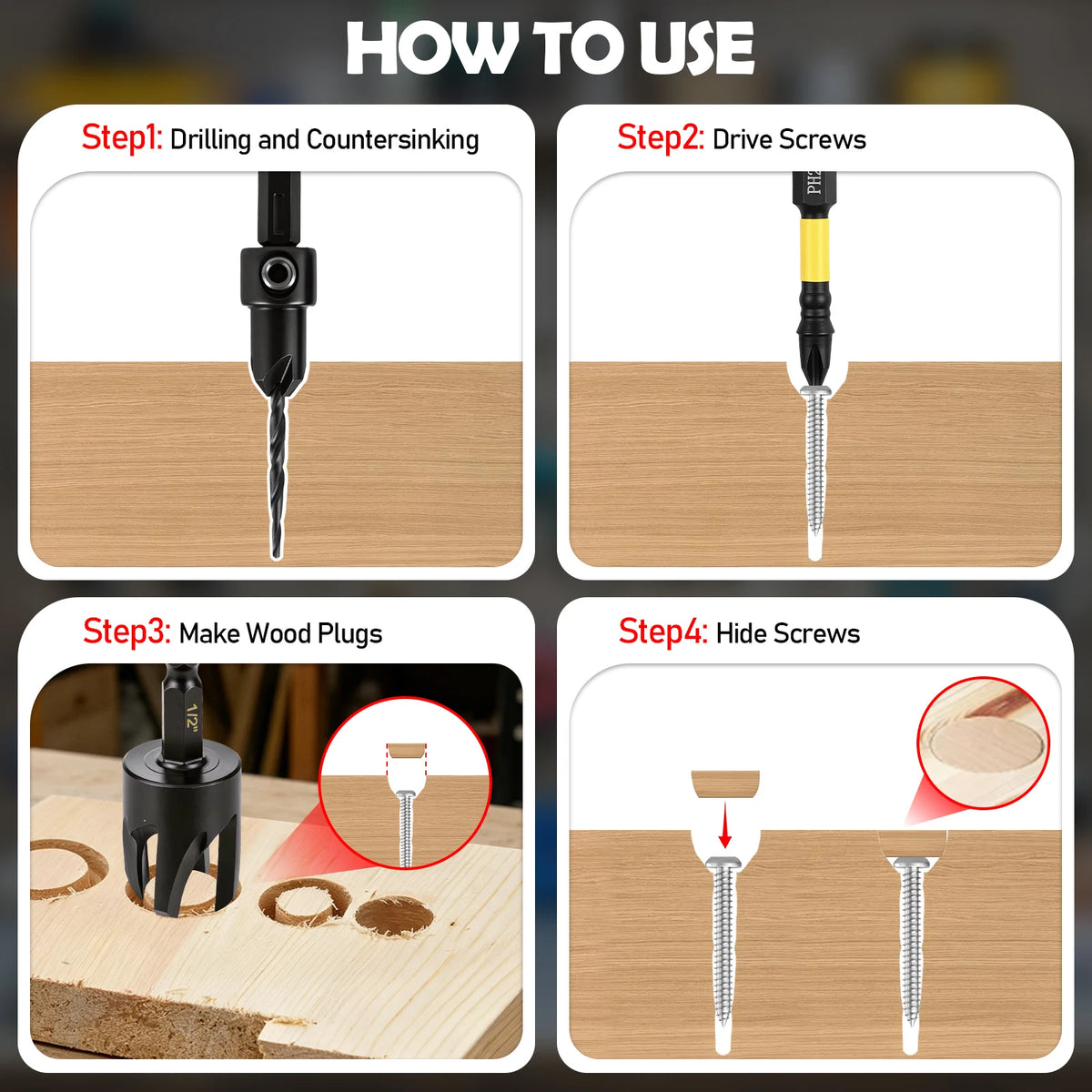 Tapered Countersink Drill Bit Set – S2 Steel Wood Plug Cutter Countersink Drill Set Richie's