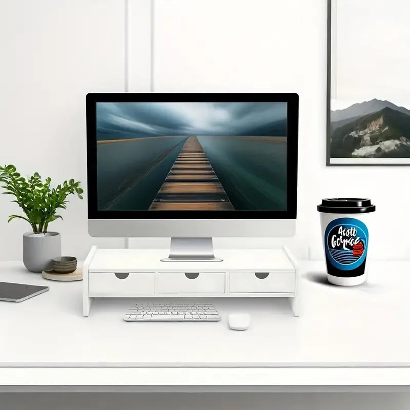 White Wooden Monitor Stand Riser with 3 Drawers | Desk Organizer Monitor Stand Riser Richie's Default Title