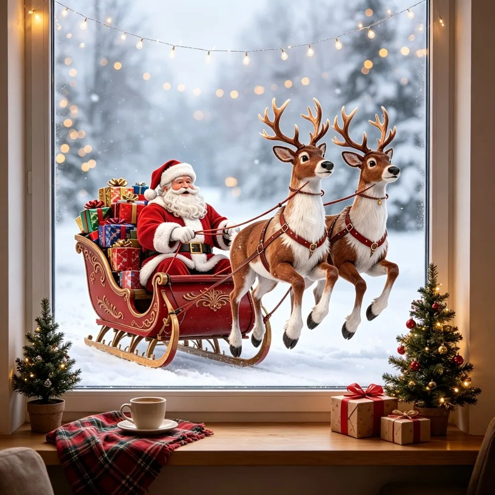 Santa Reindeer Sleigh Christmas Static Window Clings – Glue-Free Christmas Window Clings Richie's