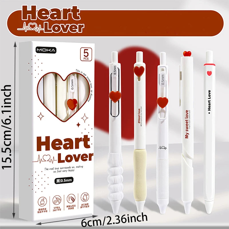Heart Gel Pens Set 5pcs | 0.5mm Quick-Dry Retractable Black Ink Gel Pen Set Richie's
