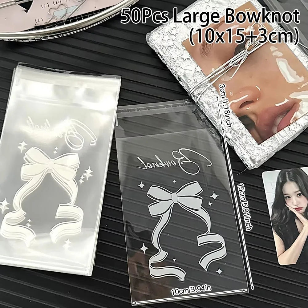 50Pcs Clear Self-Adhesive Photocard Sleeves Star Bowknot Print Card Sleeve Holder Richie's 5x5x5cm Large Bowknot