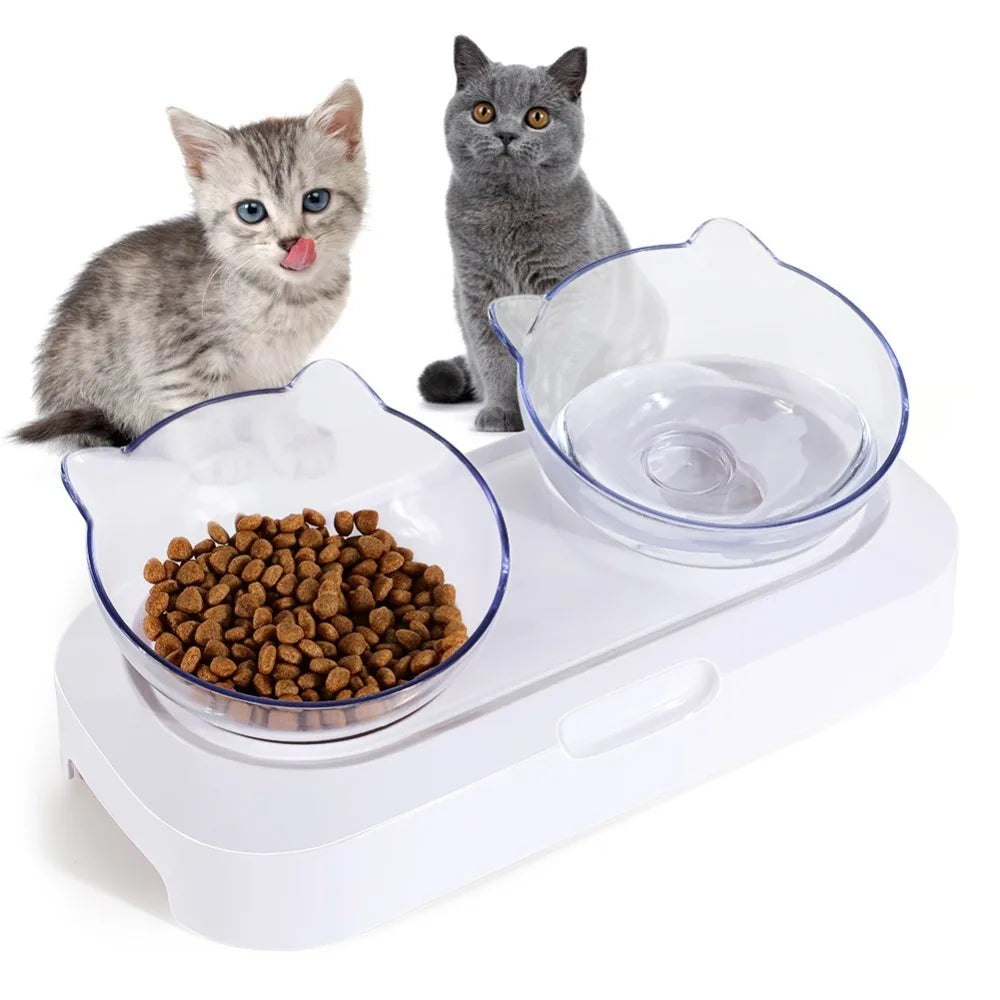 Tilted Elevated Cat Double Bowl – 15° Ergonomic Non-Slip Set Elevated Cat Bowl Richie's White