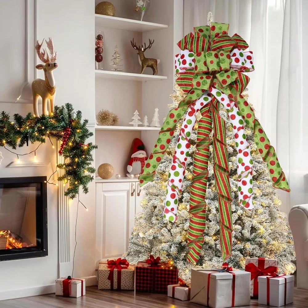 Large Christmas Bow Tree Topper – Red & Green Polka Dot Christmas Tree Topper Richie's