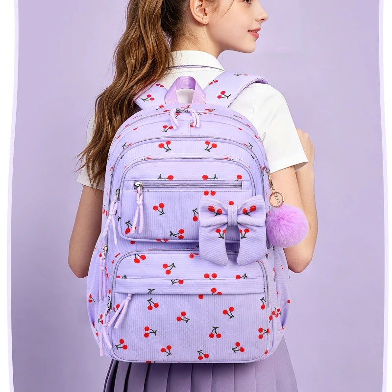 Girls Cherry Corduroy School Backpack Set – 3 Pcs Bookbag Kids Backpack Set Richie's