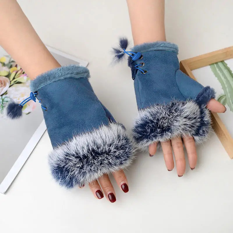 Women's Plush Fingerless Gloves – Warm Winter Wrist Mittens Fingerless Winter Gloves Richie's blue