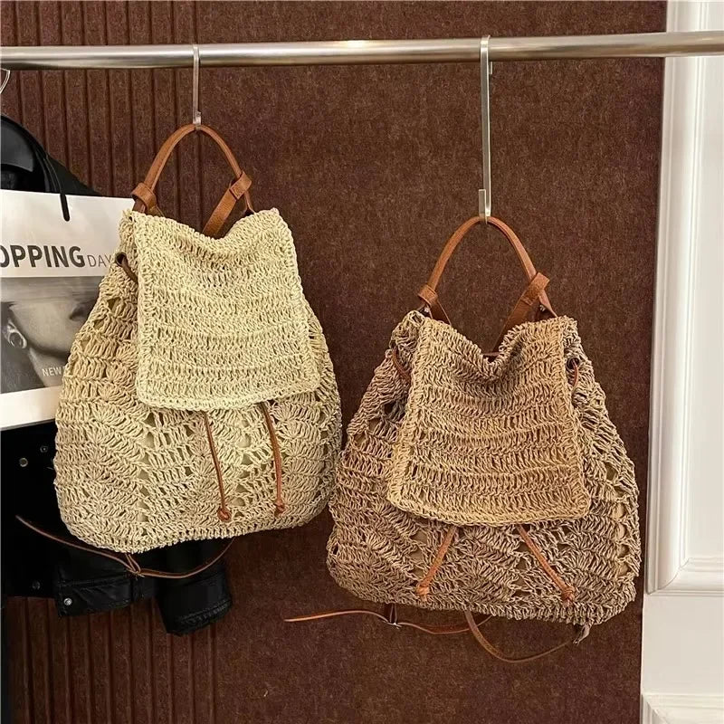 Large Woven Straw Drawstring Backpack for Women | Casual Woven Straw Backpack Richie's