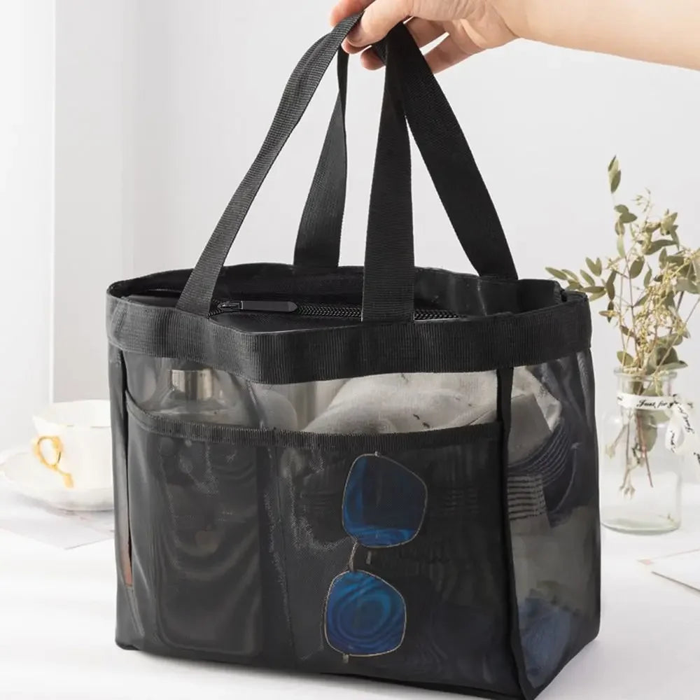 Large Mesh Shoulder Bag – Travel, Beach & Makeup Tote Mesh Shoulder Tote Richie's black-Zipper