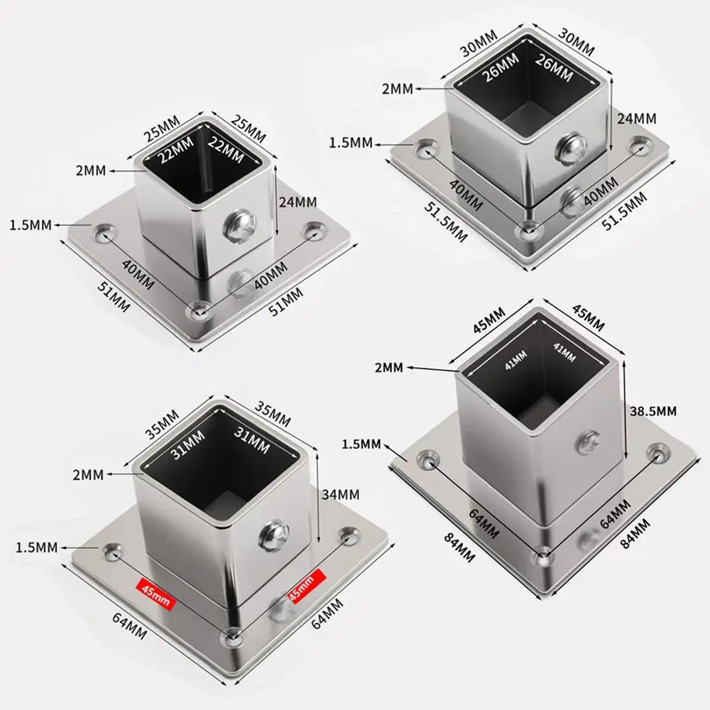Stainless Steel Square Tube Connector Flange Base 20–40mm Tube Connector Fitting Richie's