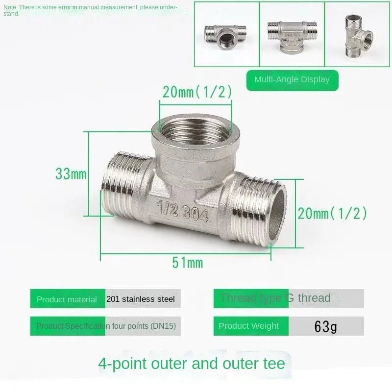 Stainless Steel Pipe Fittings Tee Elbow Reducer DN20 DN15 Pipe Fittings Richie's Tee 63g 1/2"