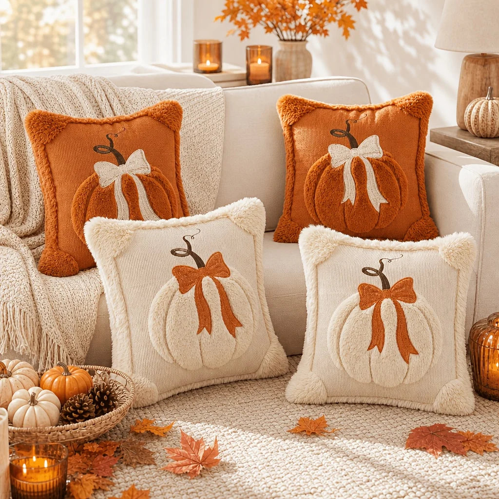 2pc Jacquard Pumpkin Bow Pillow Covers | Fall & Thanksgiving Décor Throw Pillow Covers Richie's