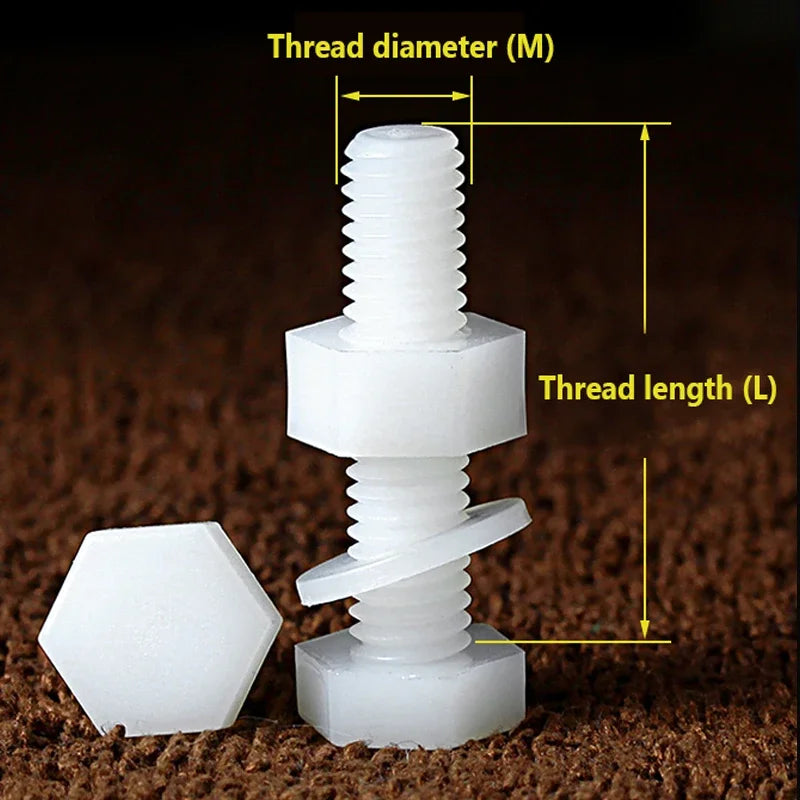 White Nylon Hex Bolt Nut Washer Set M3–M8 Insulated Plastic Nylon Fastener Set Richie's