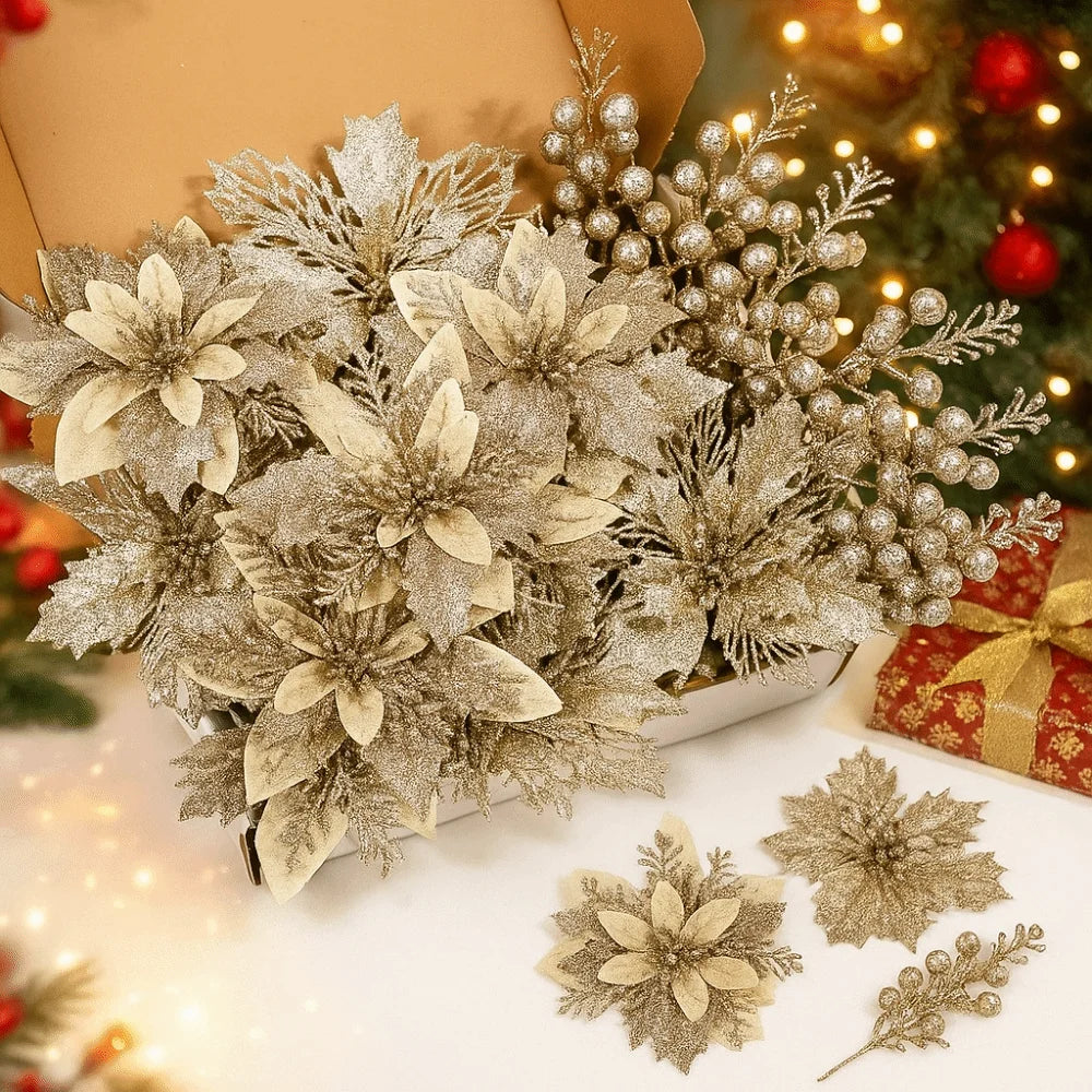 3-Layer Glitter Artificial Christmas Flower Bouquet Set Christmas Flower Bouquet Richie's