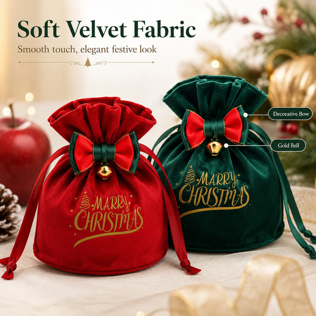 Velvet Christmas Gift Bag with Bow Bell & Drawstring Christmas Gift Bag Richie's