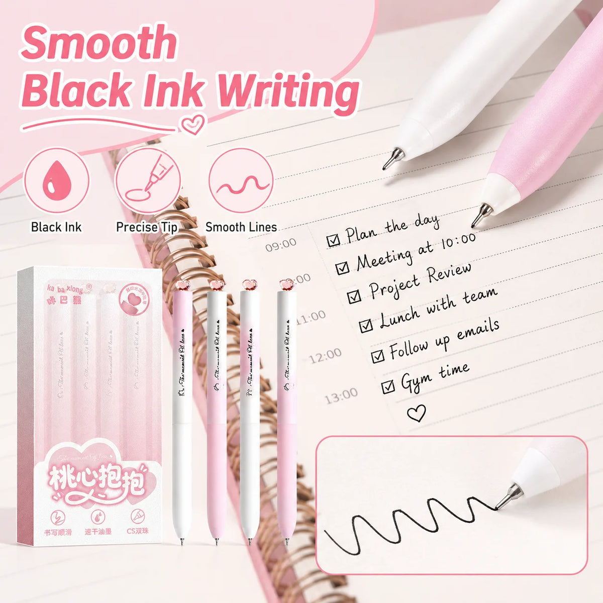4-Pack Pink Heart Twist Gel Pens – Black Ink Stationery Set Gel Pen Set Richie's