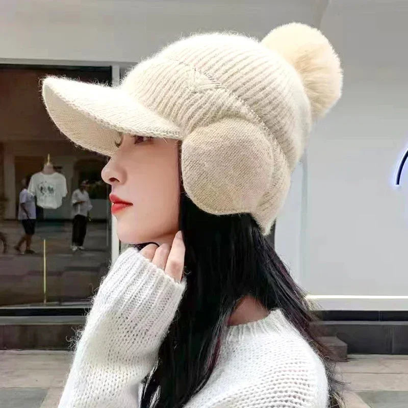 Women's Knitted Earflap Hat with Pompom – Winter Earmuff Cap Winter Knit Hat Richie's 03