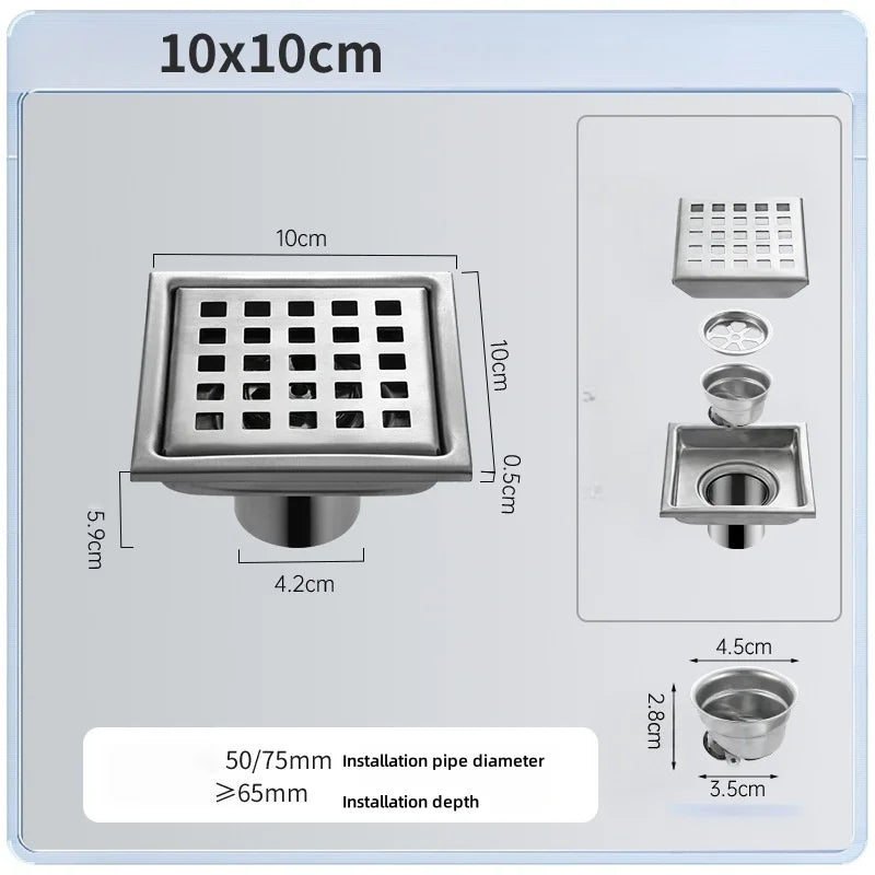 Stainless Steel Tile Insert Floor Drain 150mm – Anti-Odor Floor Drain Richie's silver 10x10cm