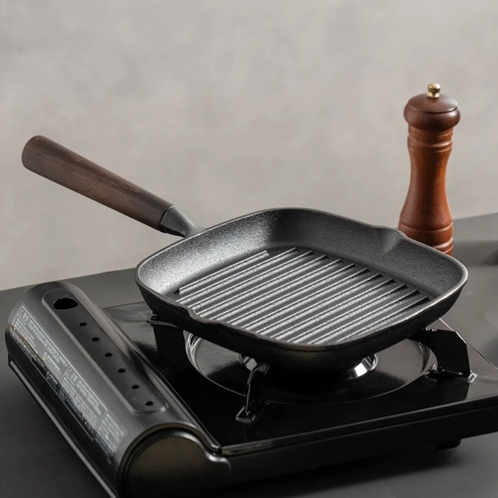 Cast Iron Steak Skillet Wooden Handle Raised Stripe 20cm Pan Cast Iron Skillet Richie's