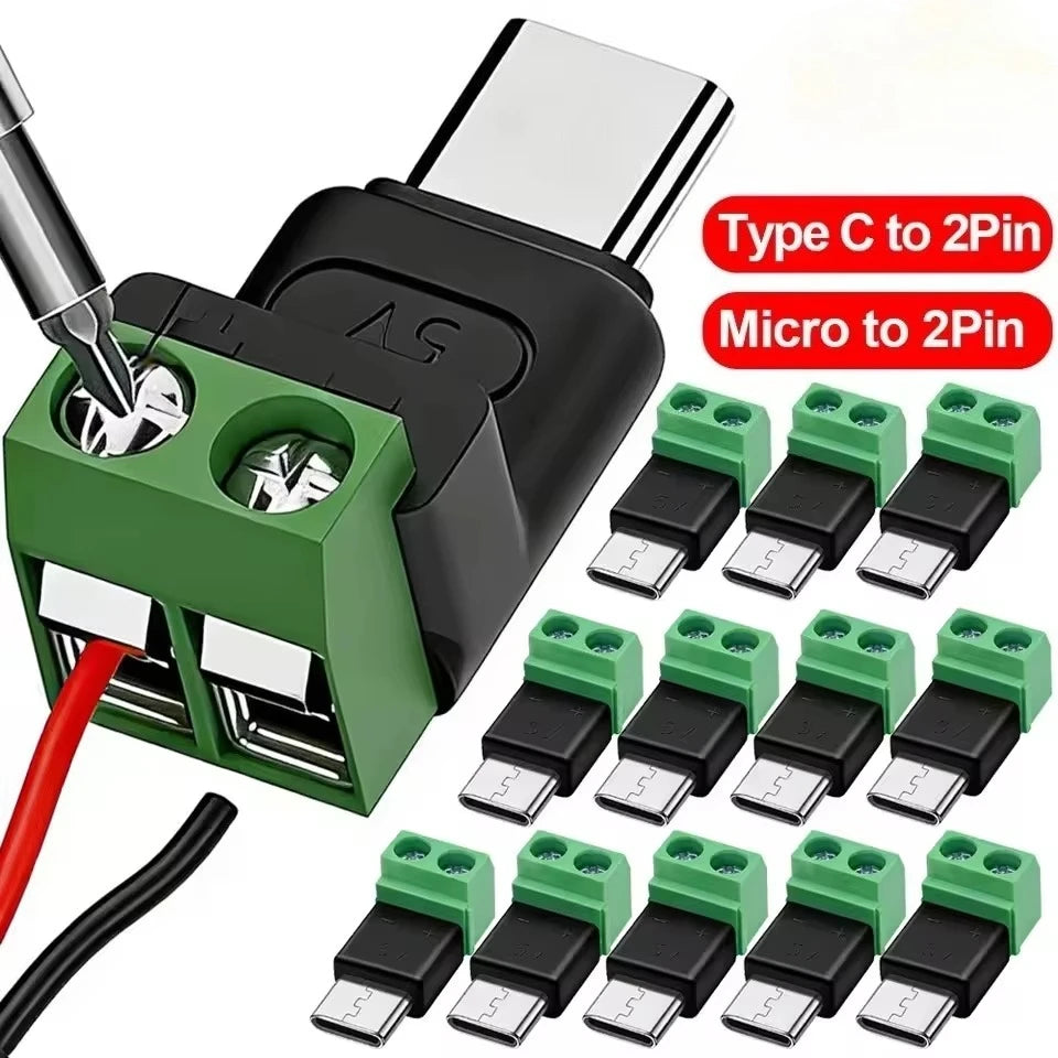 USB Type-C & Micro 2-Pin Screw Terminal Solderless Adapter 5V USB Terminal Adapter Richie's