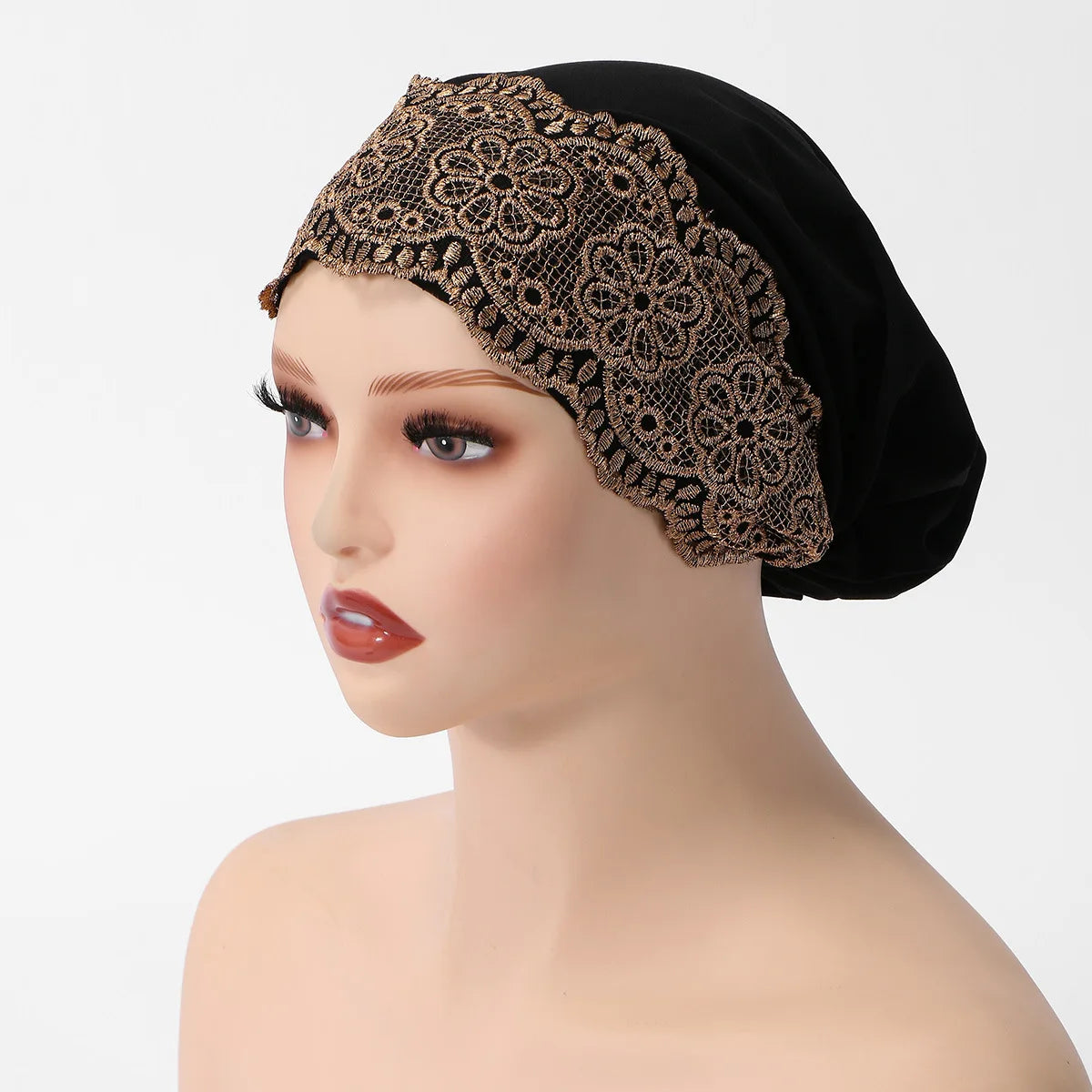 Muslim Pearl Lace Inner Cap – Elastic Islamic Headwear for Women Islamic Inner Cap Richie's MSL266--1 black