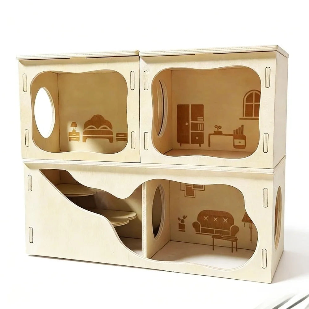 Wooden Hamster Villa – Stackable Climbing House for Small Pets Small Pet Habitat Richie's 3pcs Set