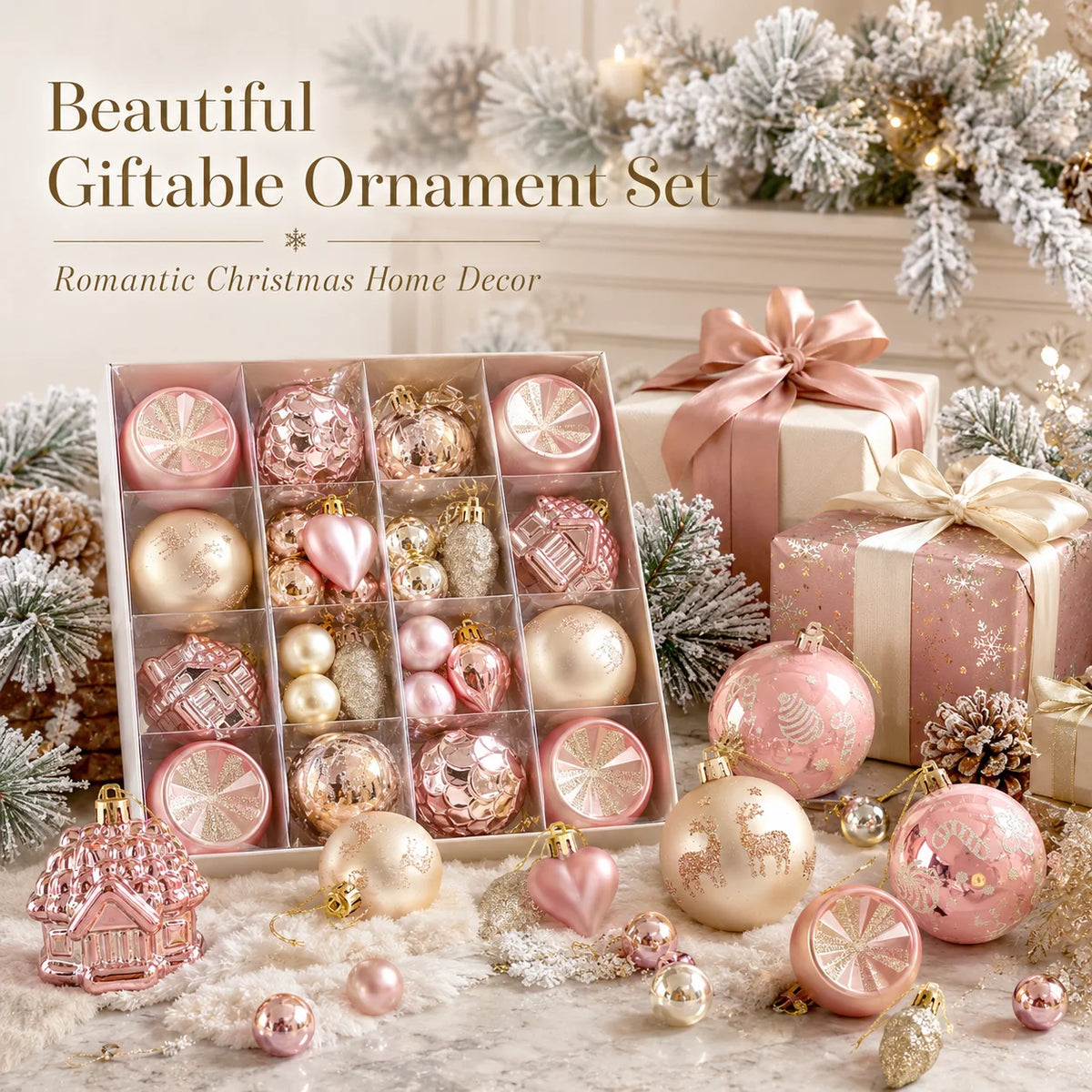 40-Piece Pink & Gold Shatterproof Christmas Ornaments Set Christmas Ornament Set Richie's