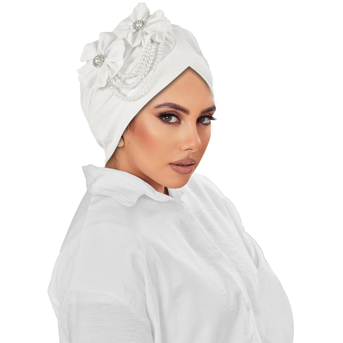 Pearl Beaded Turban Cap Women – Floral Chiffon Head Wrap Turban Head Wrap Richie's White