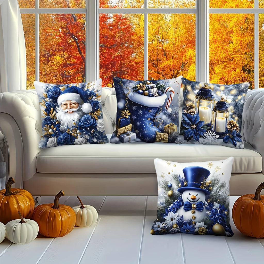 4 Christmas Throw Pillow Covers Dark Blue Santa Snowman Print Throw Pillow Covers Richie's